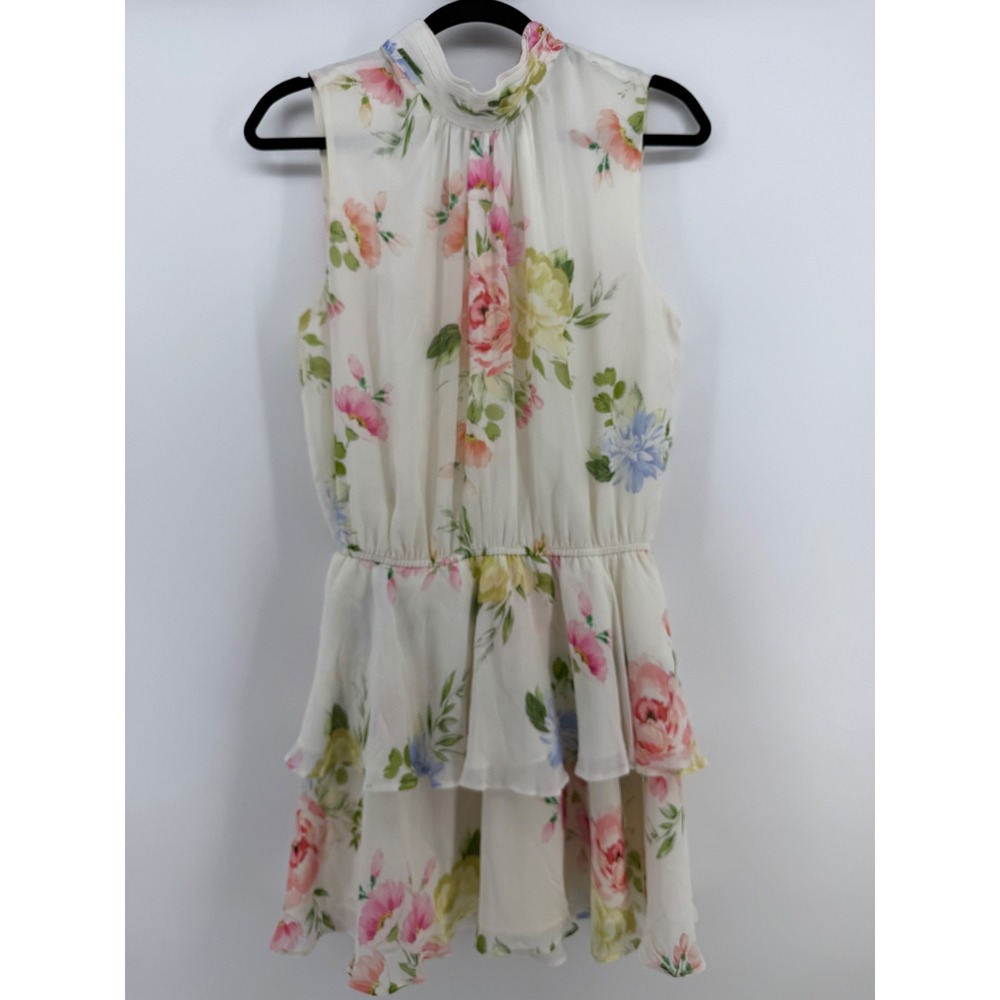Yumi Kim Dress Womens L Floral Chiffon Ruffle Tiered Tie Neck Sleeveless